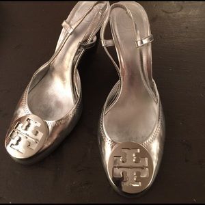 Tory butch silver wedges