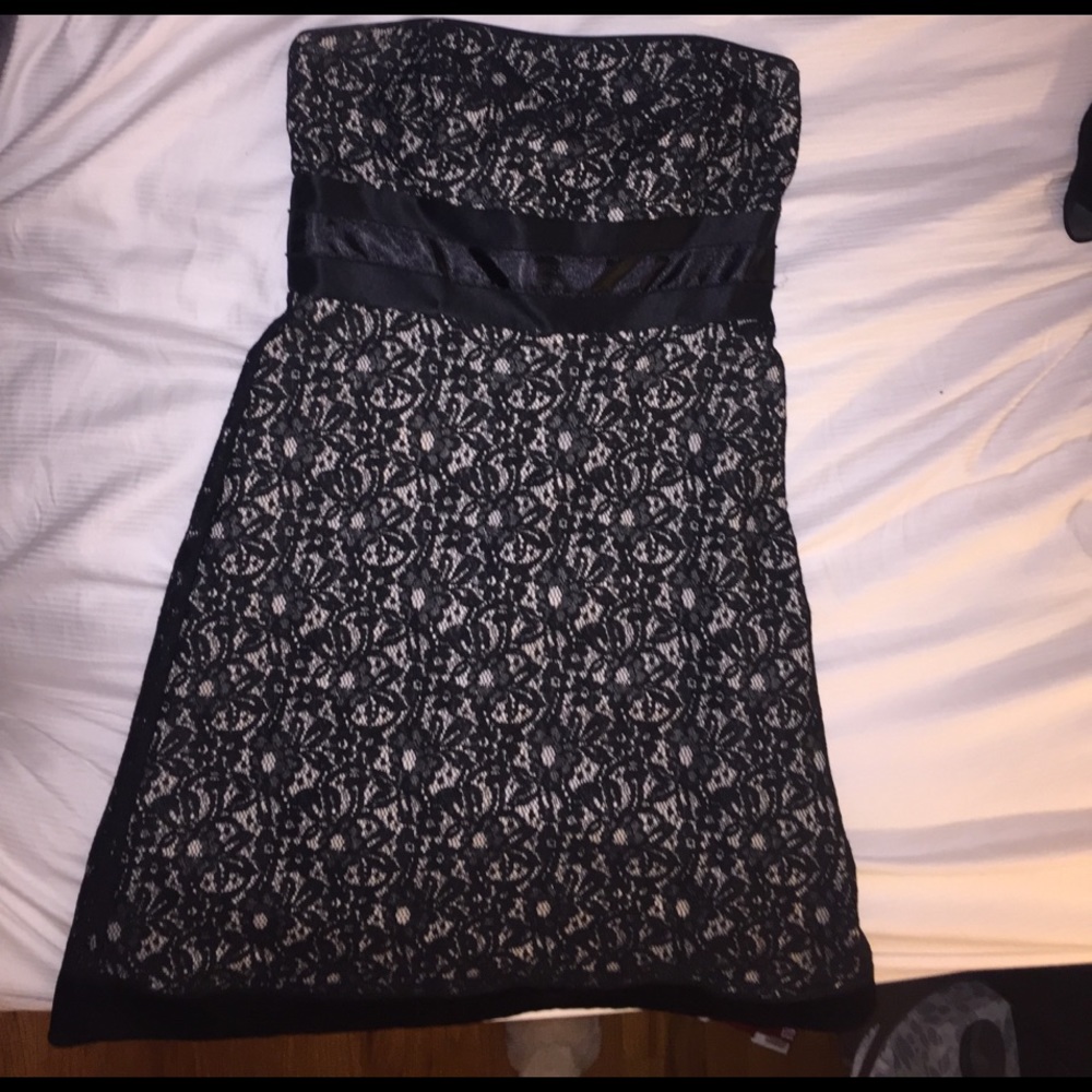 Black lace , strapless cocktail dress