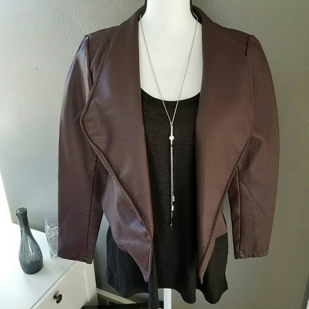 Wine Colored Vegan Leather Drape Front Crop Jacket - Picture 2 of 4