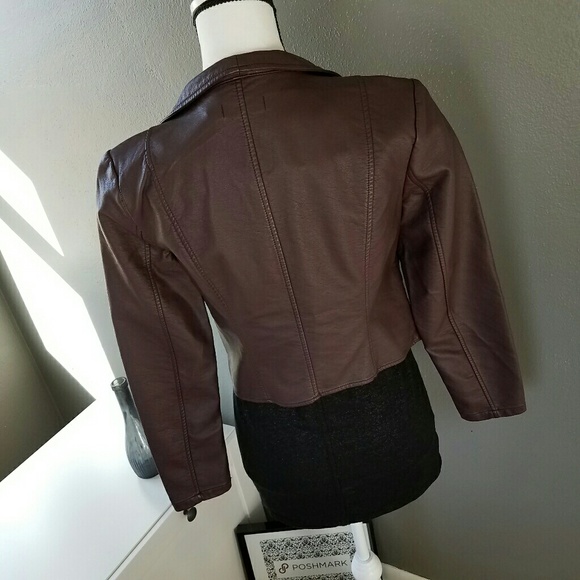 Wine Colored Vegan Leather Drape Front Crop Jacket - Picture 3 of 4