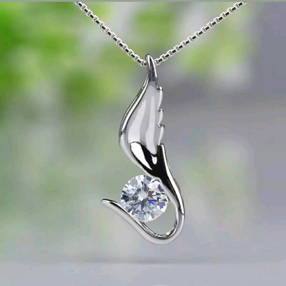 Silver White Sapphire Angel Wing Necklace - Picture 2 of 5