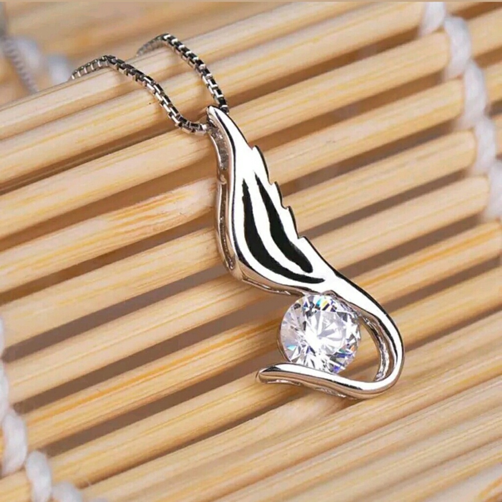 Silver White Sapphire Angel Wing Necklace - Picture 3 of 5
