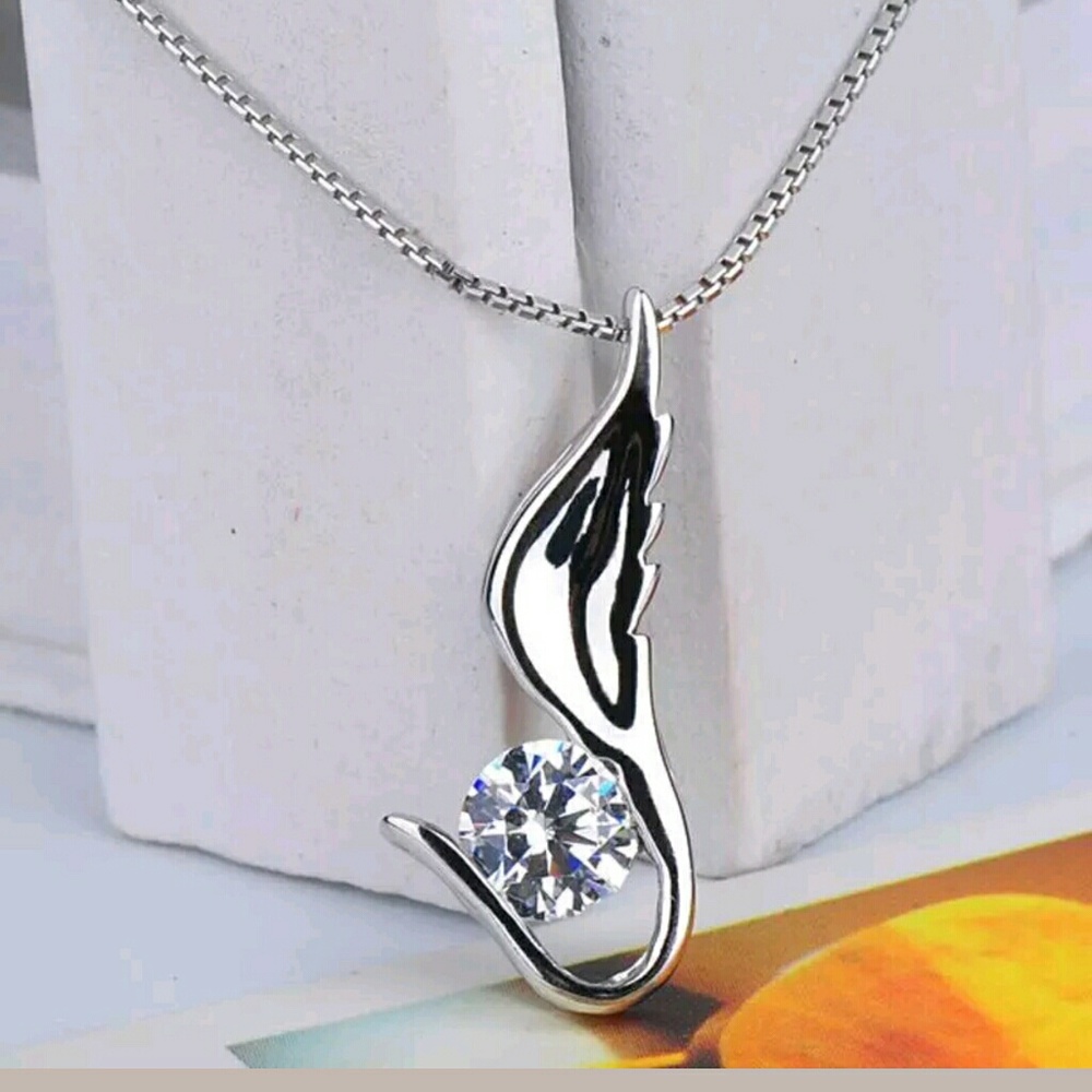 Silver White Sapphire Angel Wing Necklace - Picture 5 of 5