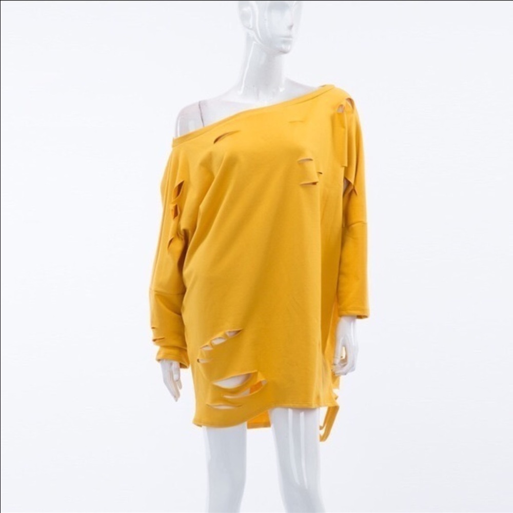 Stylish Destroyed Tshirt Dress in Mustard.