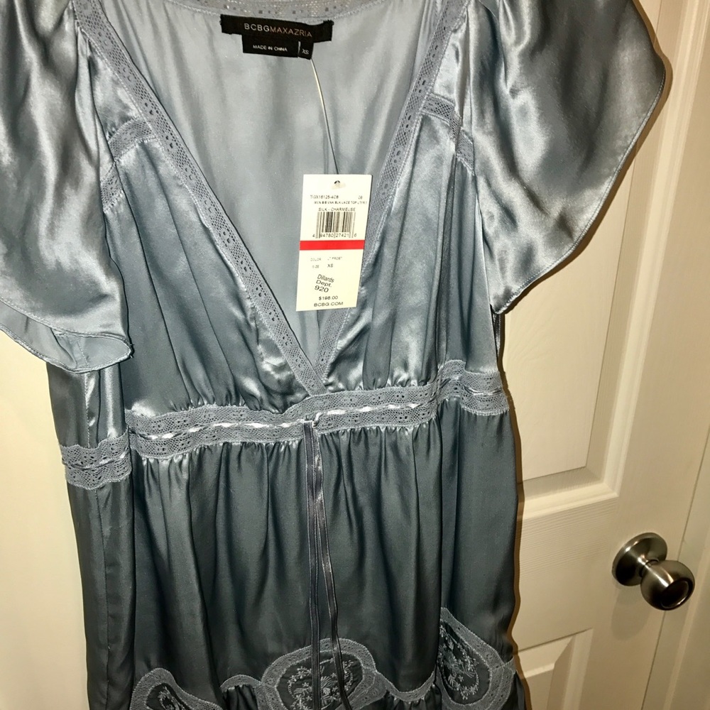 BCBG iced blue silk satin deep plunge top