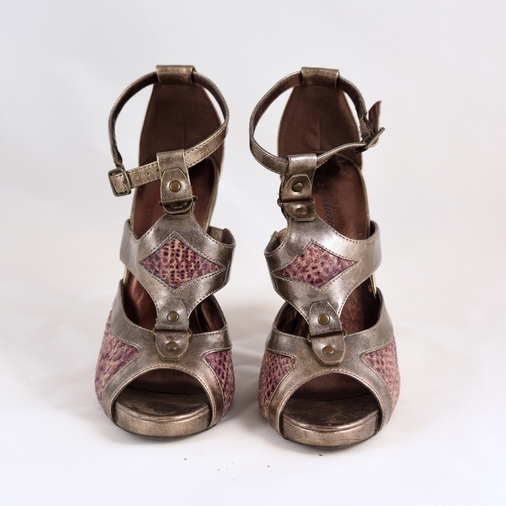 Stylish Snakeskin and Bronze Open Toe Heels - Picture 2 of 4