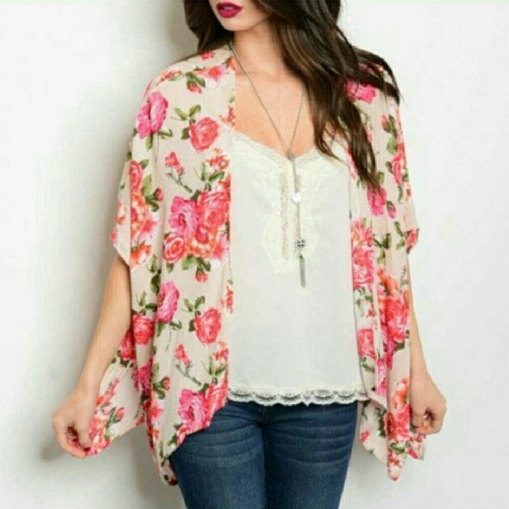 NWT Floral Print Kimono in Red Pink Sheer
