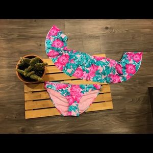 Shoulder strapless flower print swim suit