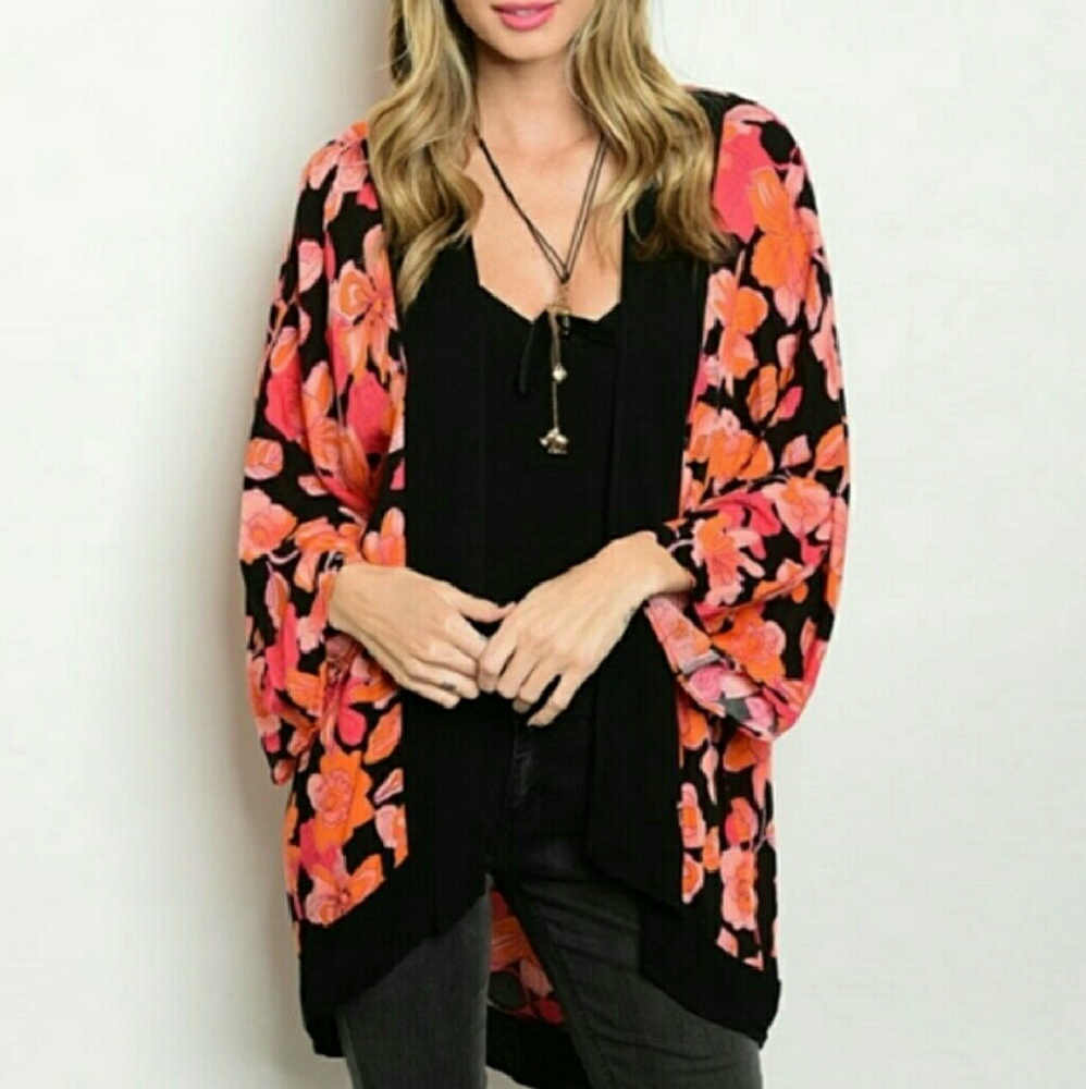 NWT Floral Kimono Black & Orange Tassel