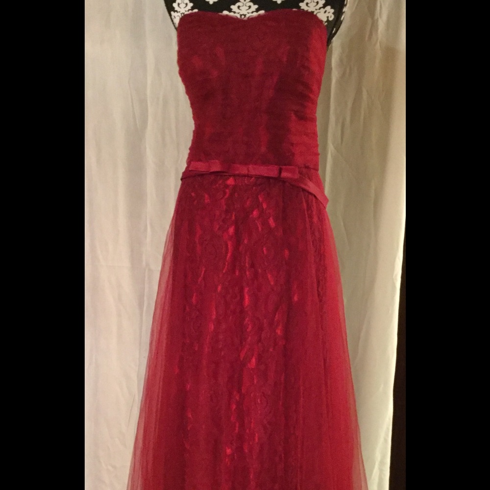 Strapless Red satin with lace  prom gown