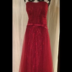 Strapless Red satin with lace  prom gown