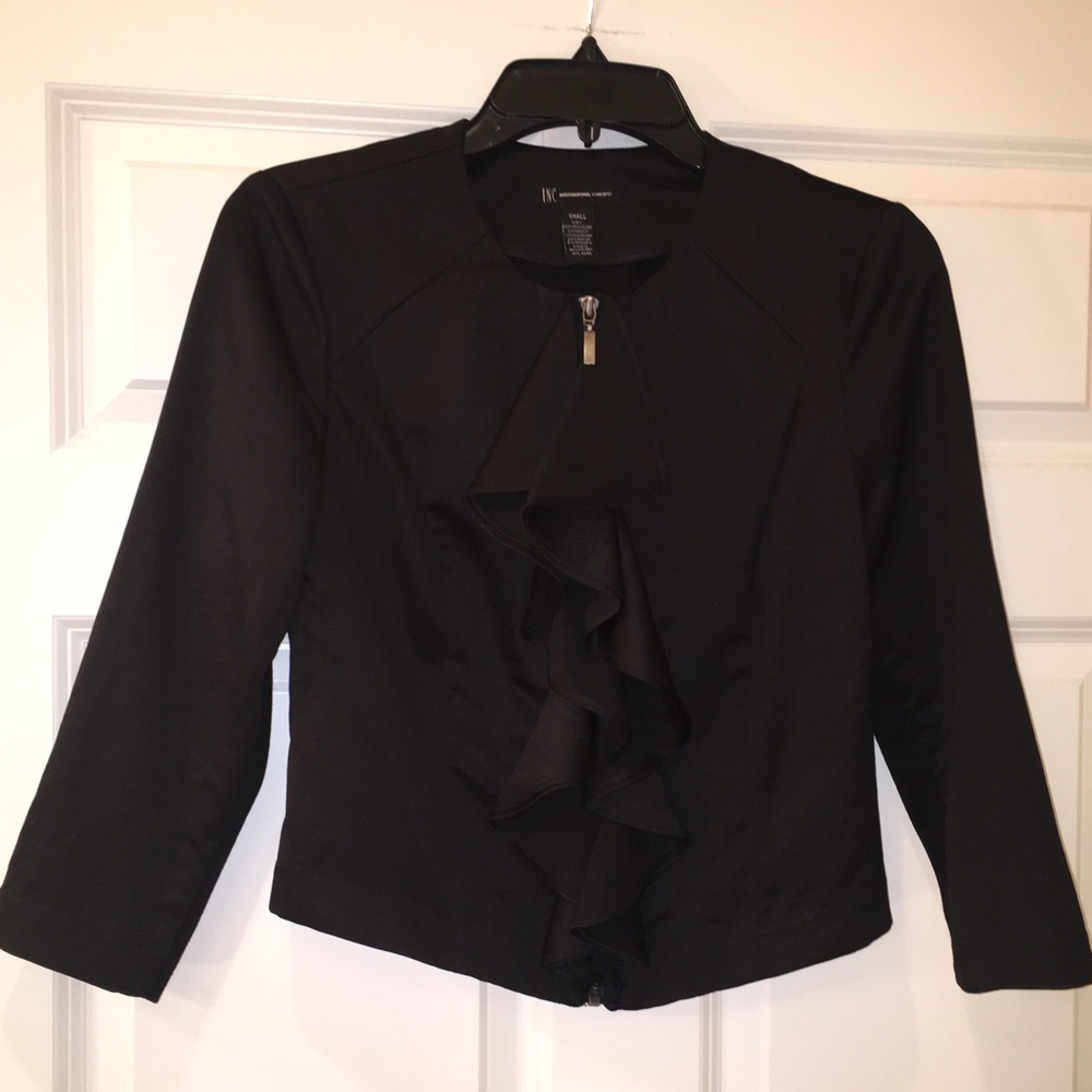 INC Black Zip-Up Ruffle Jacket with Back Pleat