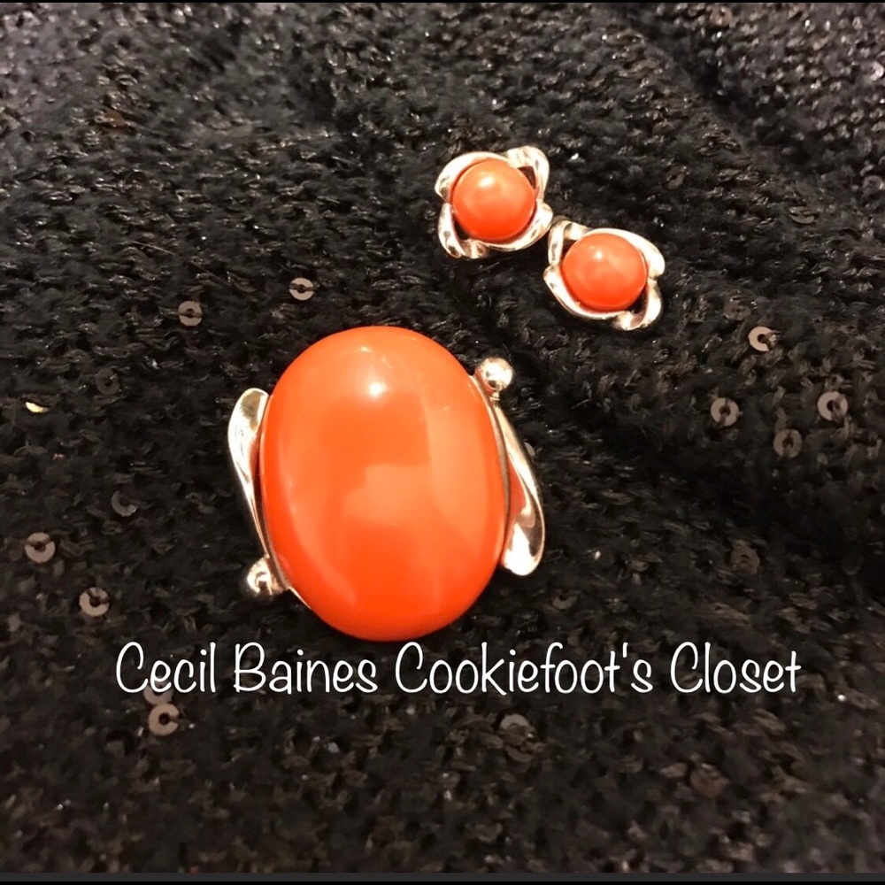 Coral & Stainless Steel  Pendent & Earring Set