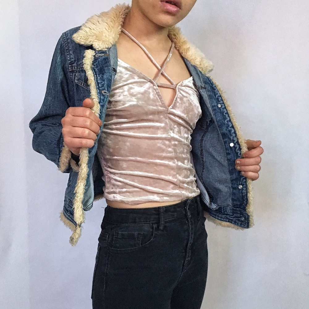 Faux fur lined denim jacket stone wash