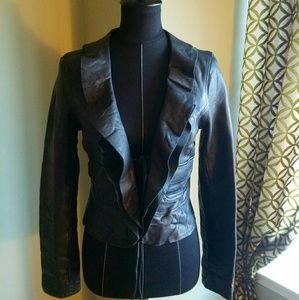 Ruffled Tie Front Lambskin Leather Jacket. Size Sm