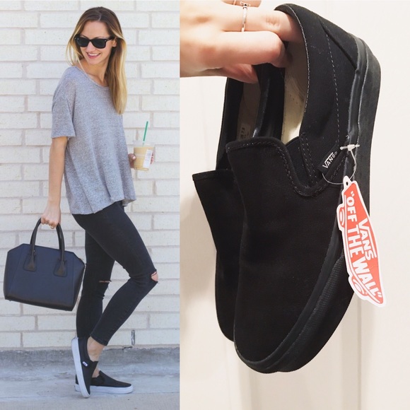 vans classic slip on black monochromatic shoes