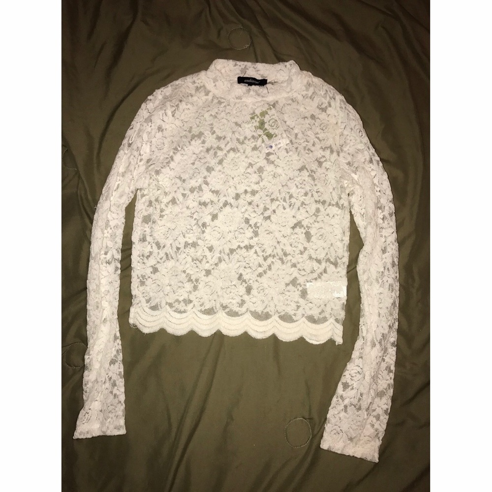 Off white all lace long sleeve mock neck crop top.
