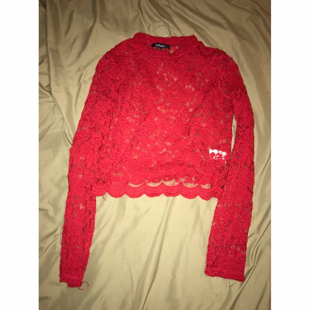 Red all lace long sleeve mock neck crop top.