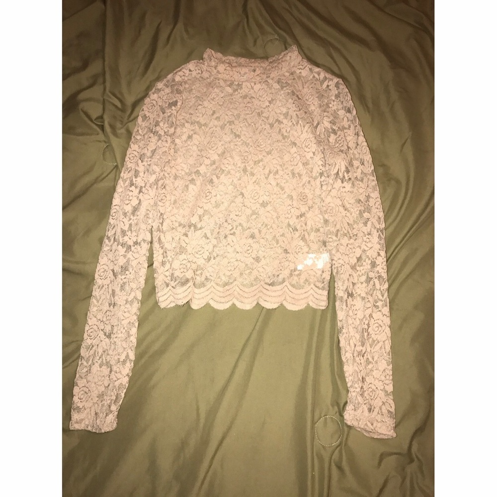 Tan all lace long sleeve mock neck crop top.