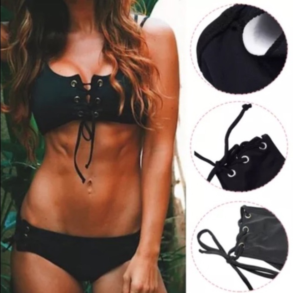 Lace up black stretchy pads cross back bikini!