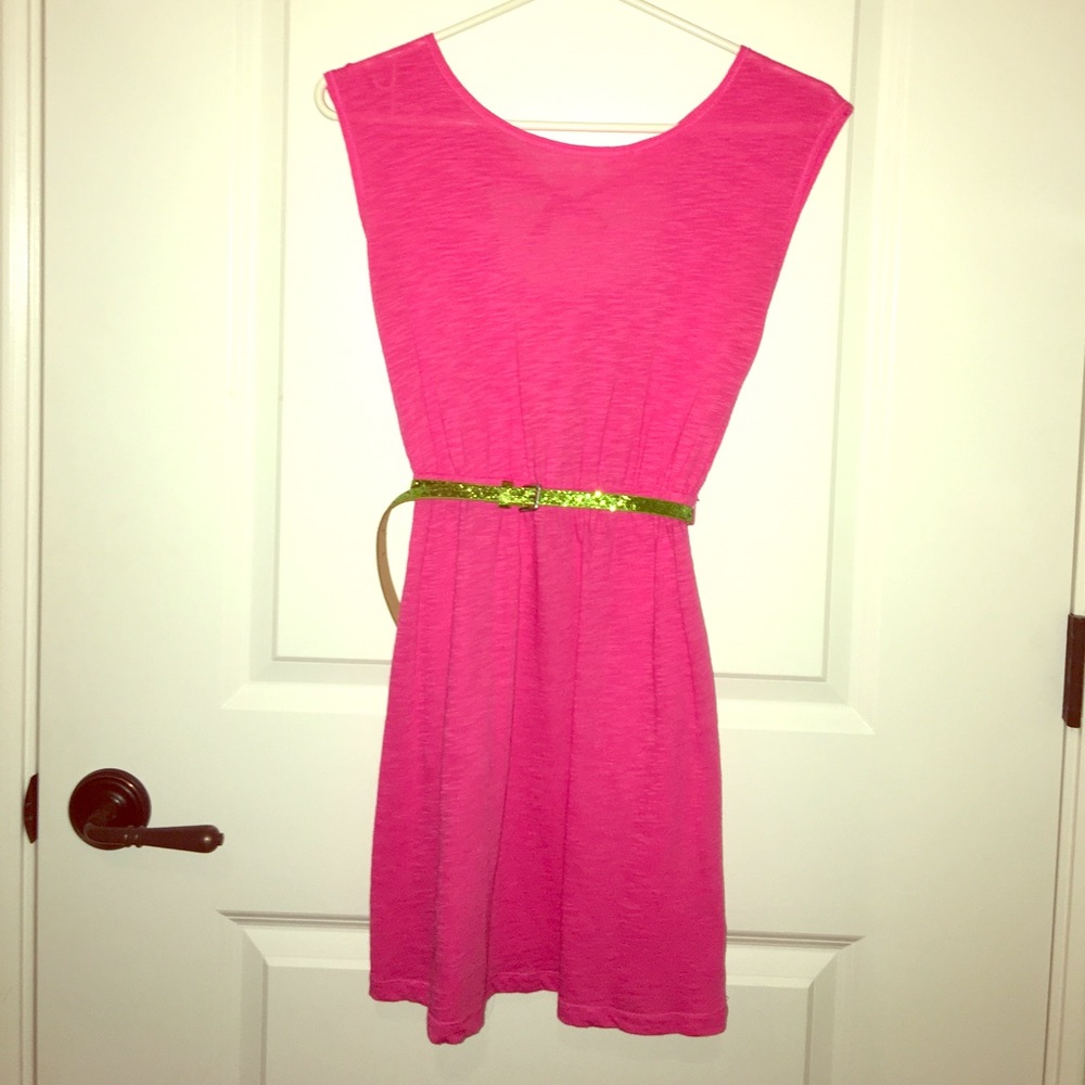Pink Cap Sleeve Dress w/ Green Glitter Belt