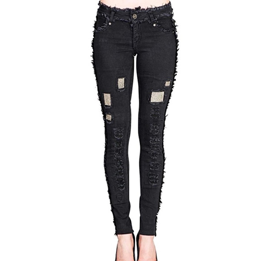 🌹Sexy Shaggy Black Skinny ~ Look Jeans Embelish