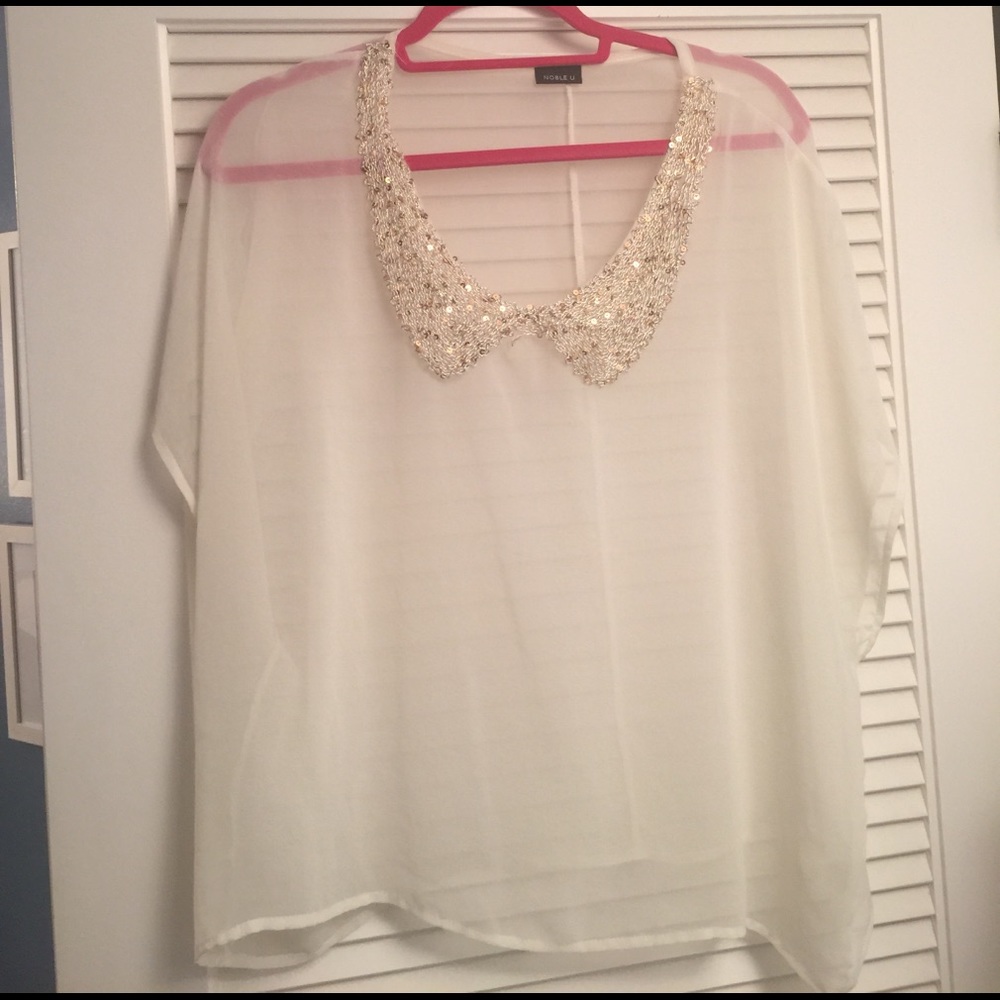 Cream sheer blouse with sequin collar