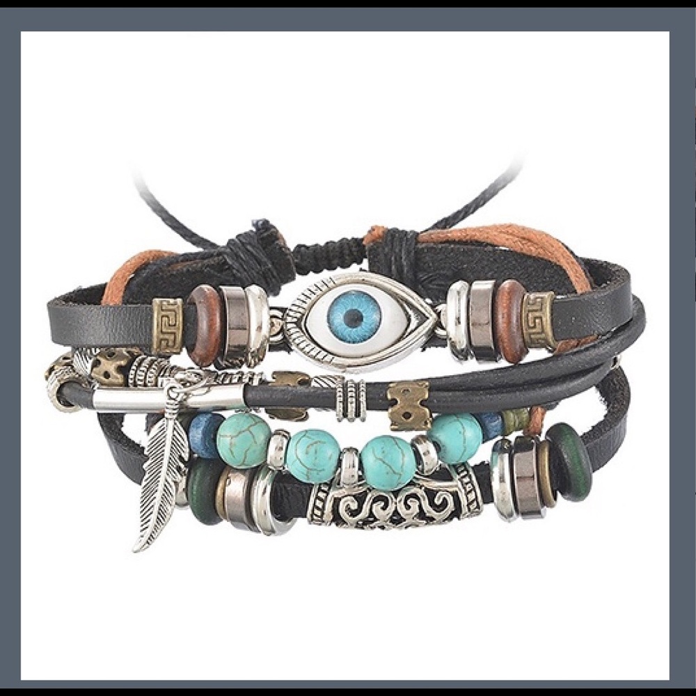 Evil Eye Leather & Rope Boho Bracelet