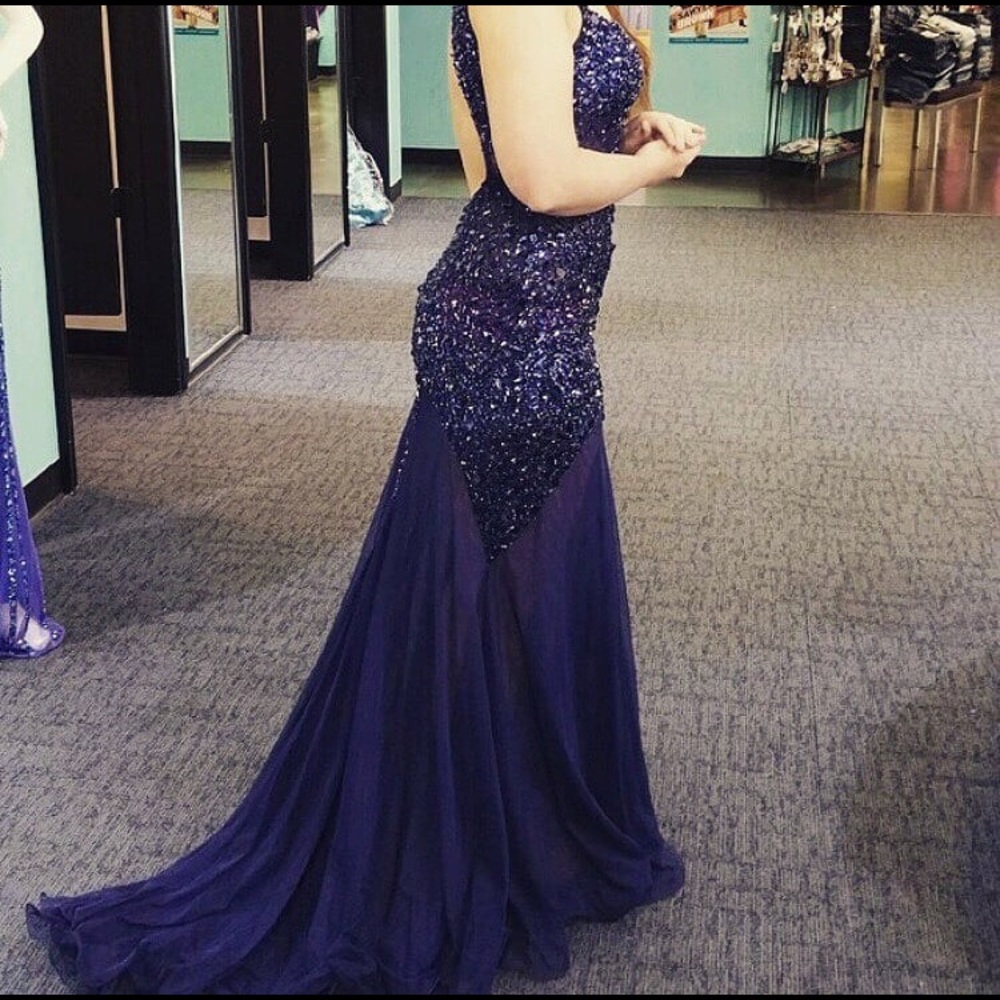 Navy sequined prom dress