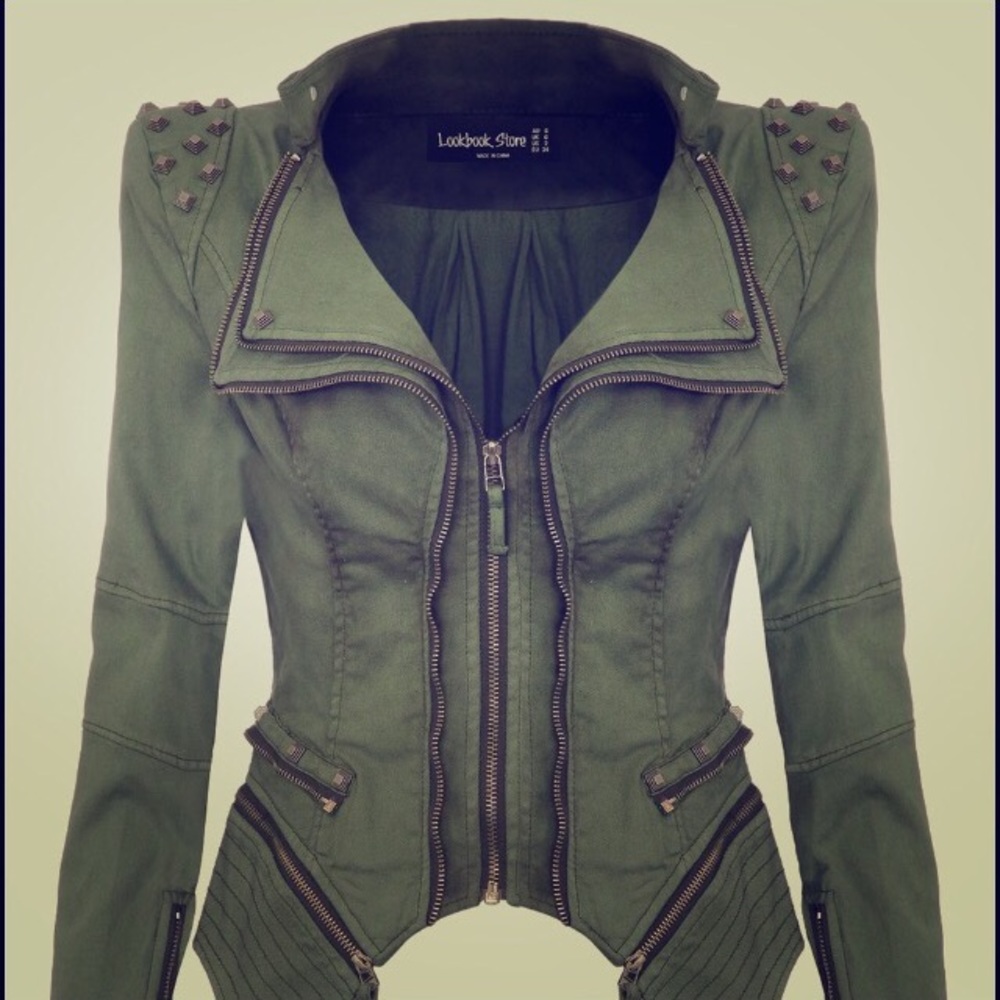 NWOT Studded olive green denim jacket