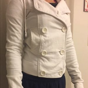 Double breasted white sweater jacket