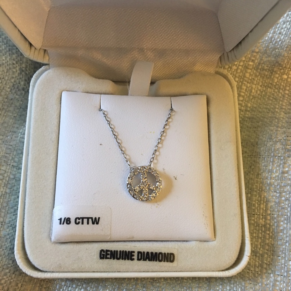 Peace Sign Silver & Genuine Diamond Necklace