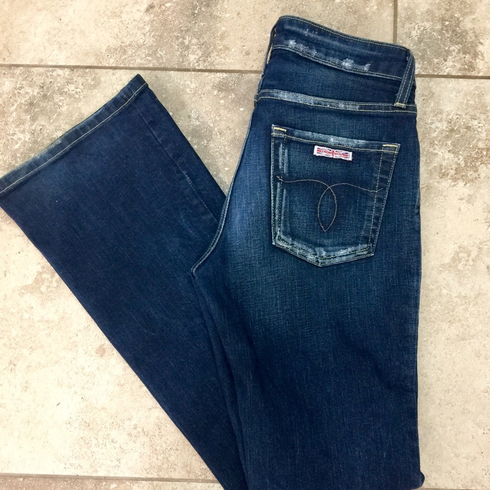 Dark wash distressed Hudson bootcut jeans