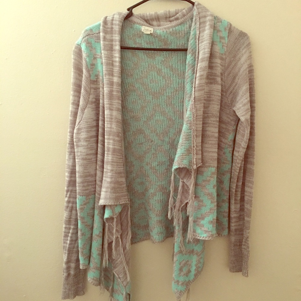 Cute Teal & Gray Cardigan With Aztec Print