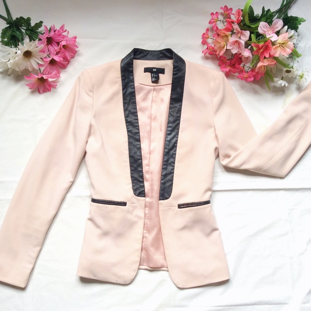 Blush pink or nude fitted blazer leather accent - Picture 2 of 7