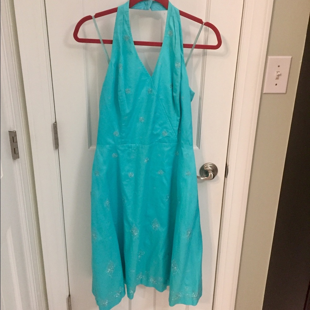 Ann Taylor Turquoise Embroidered Halter Dress
