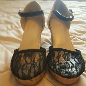 Black and tan lace wedge heels