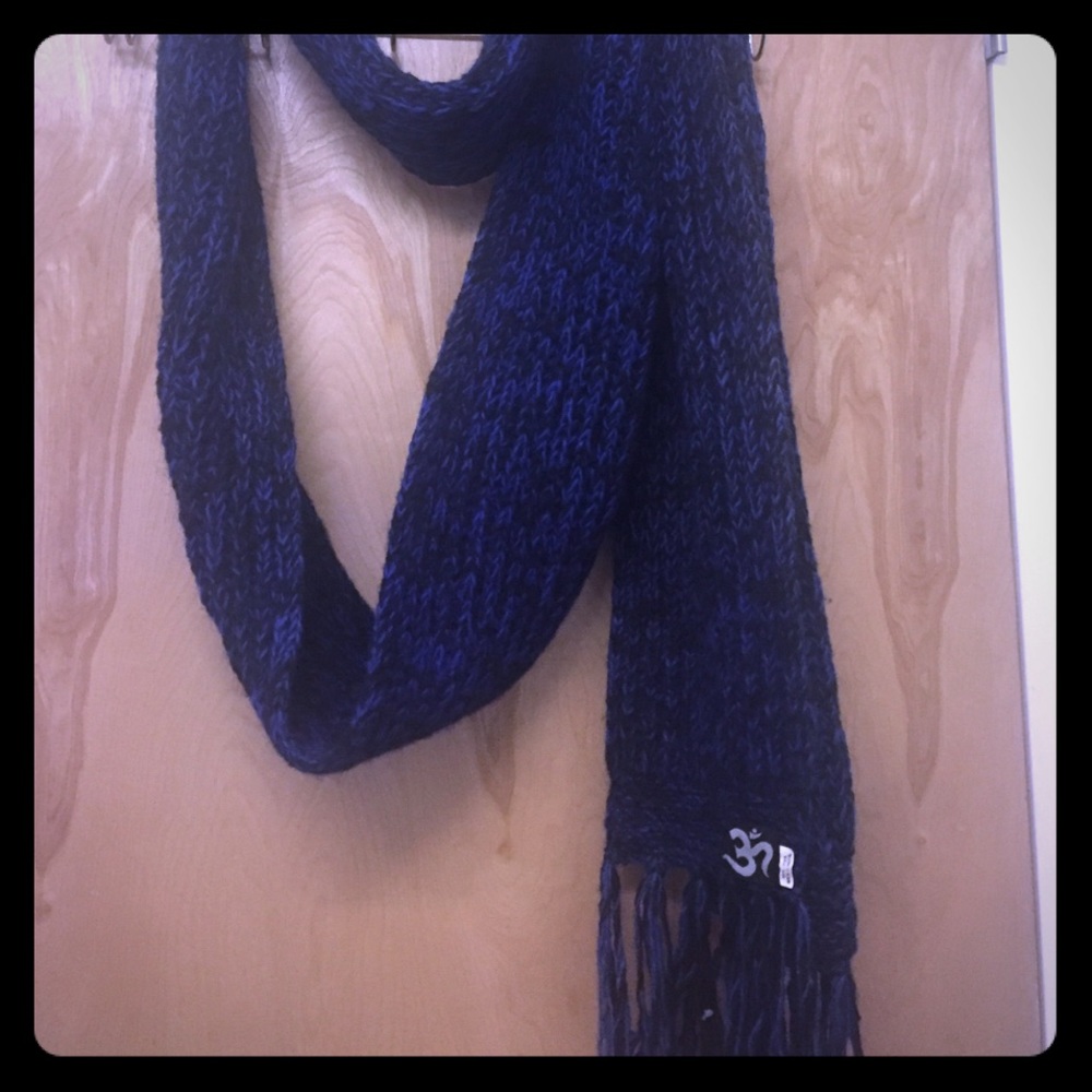 Super long knitted blue and black wool scarf