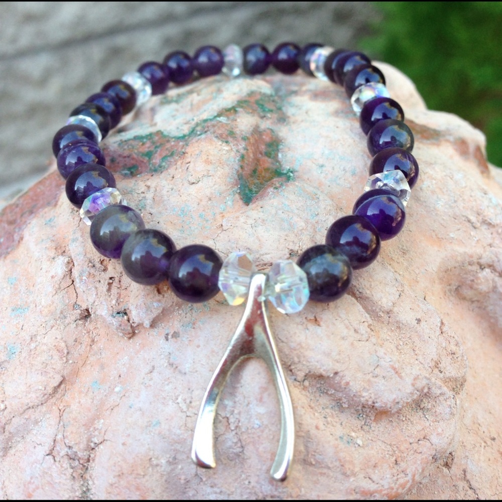 Amethyst/Crystal Silver Wishbone Beaded Bracelet