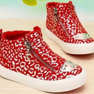 Girls Red Leopard Print Canvas High Top  Shoes