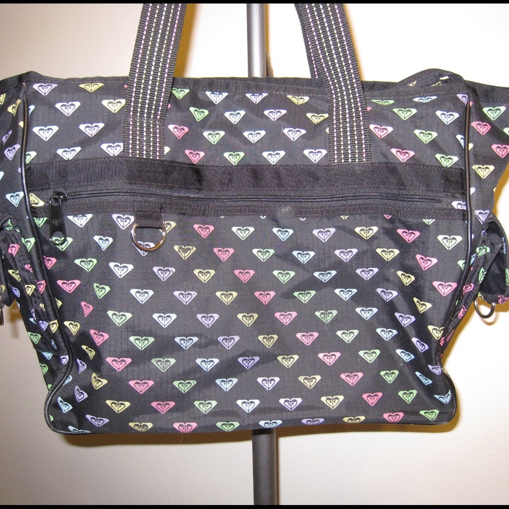 Black ROXY multi-color logo print weekender bag
