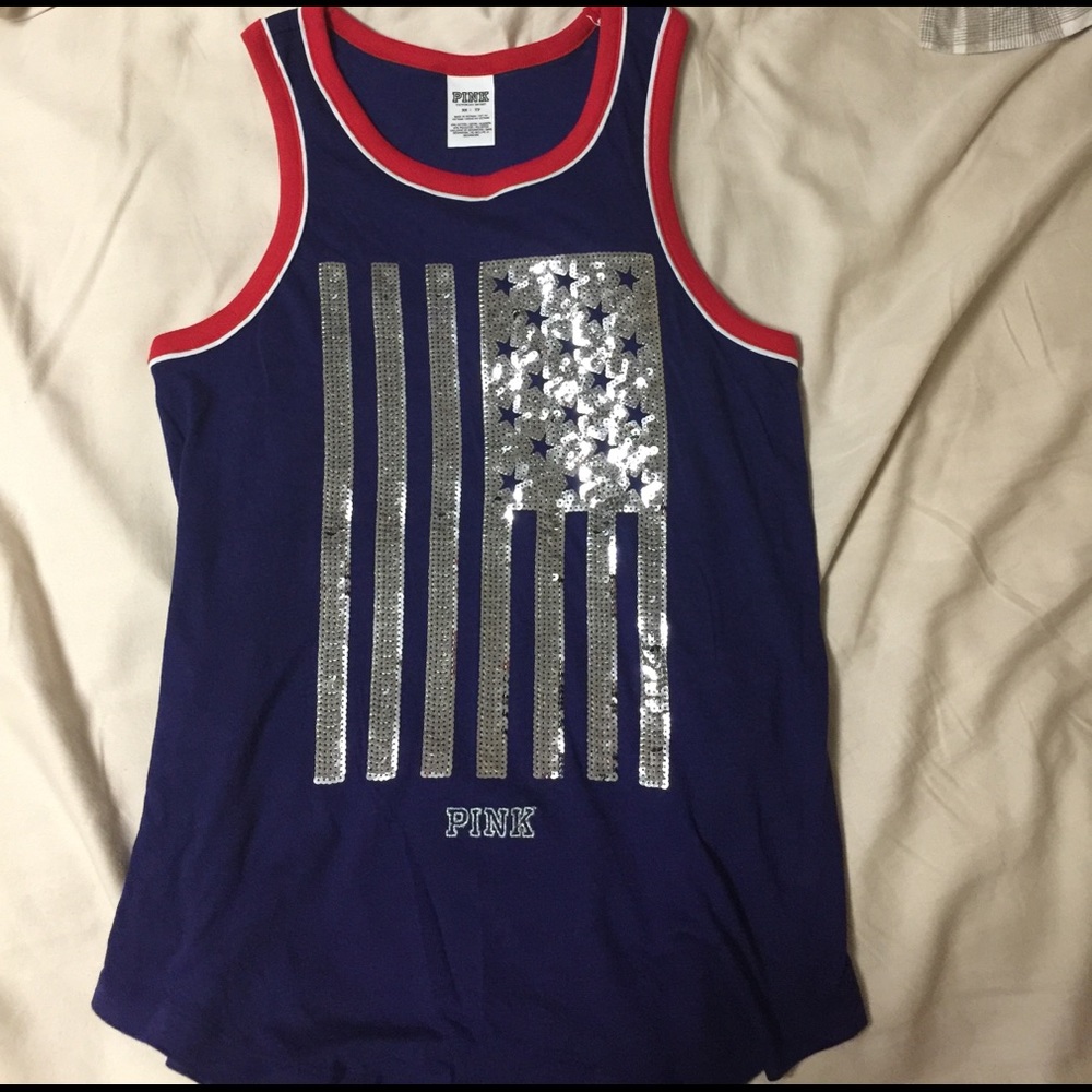 XS PINK red white blue silver Sequin flag shirt