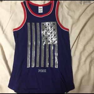 XS PINK red white blue silver Sequin flag shirt