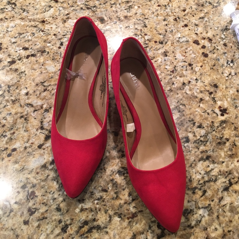 Red, suede kitten heels.