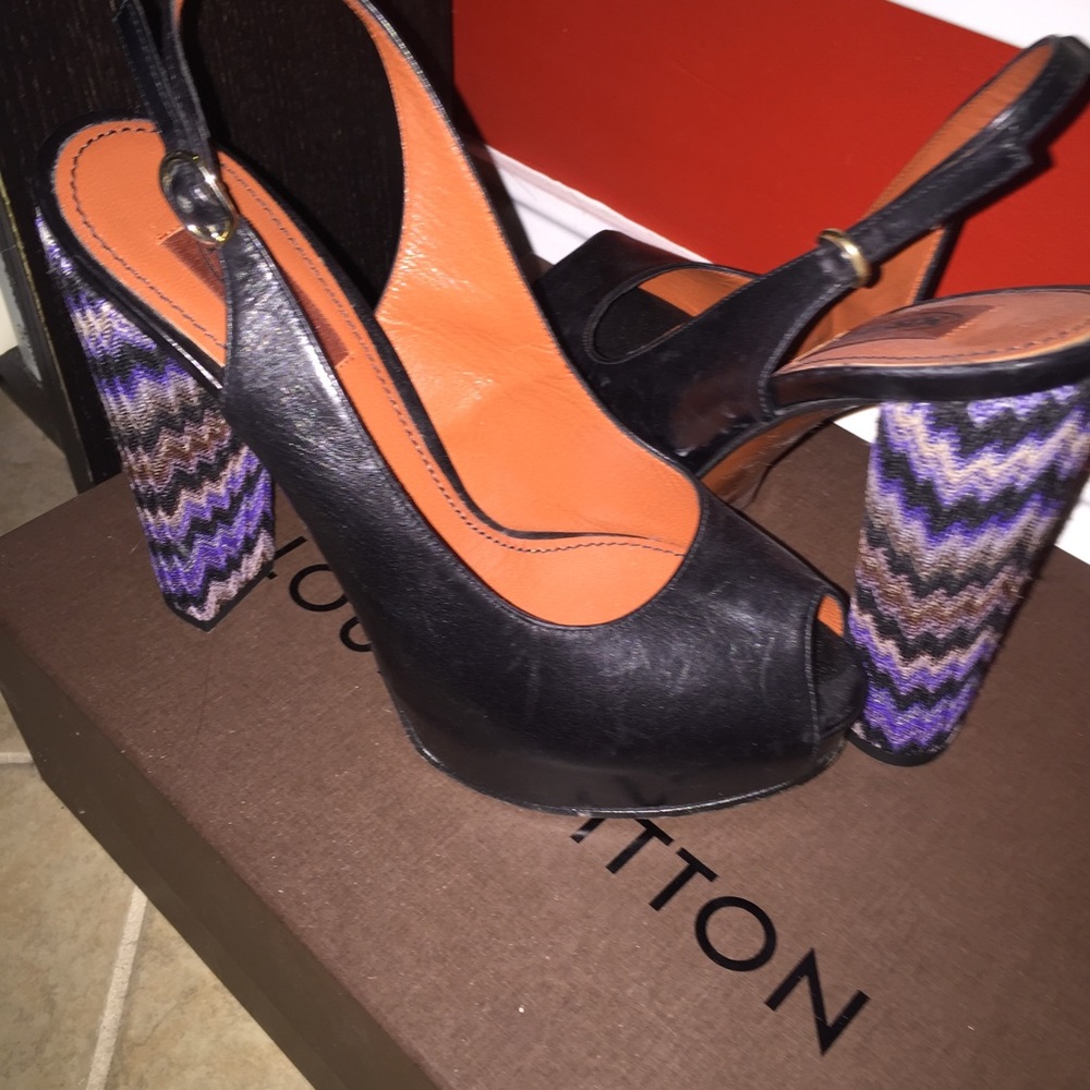 Black leather MISSONI peep toe sling back pumps