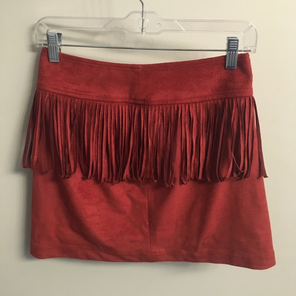 Red suede fringe skirt