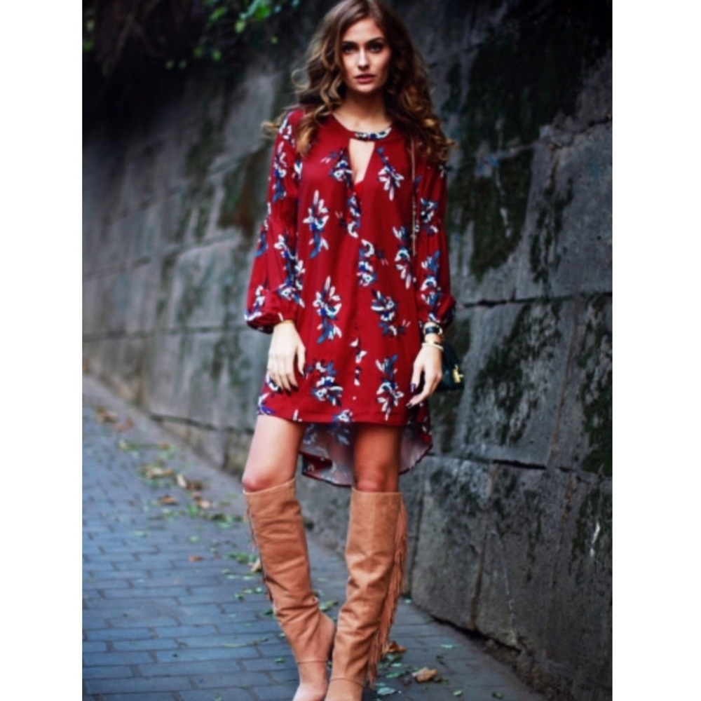 Wine Red Oxblood Baggy Long Sleeved Floral Dress.