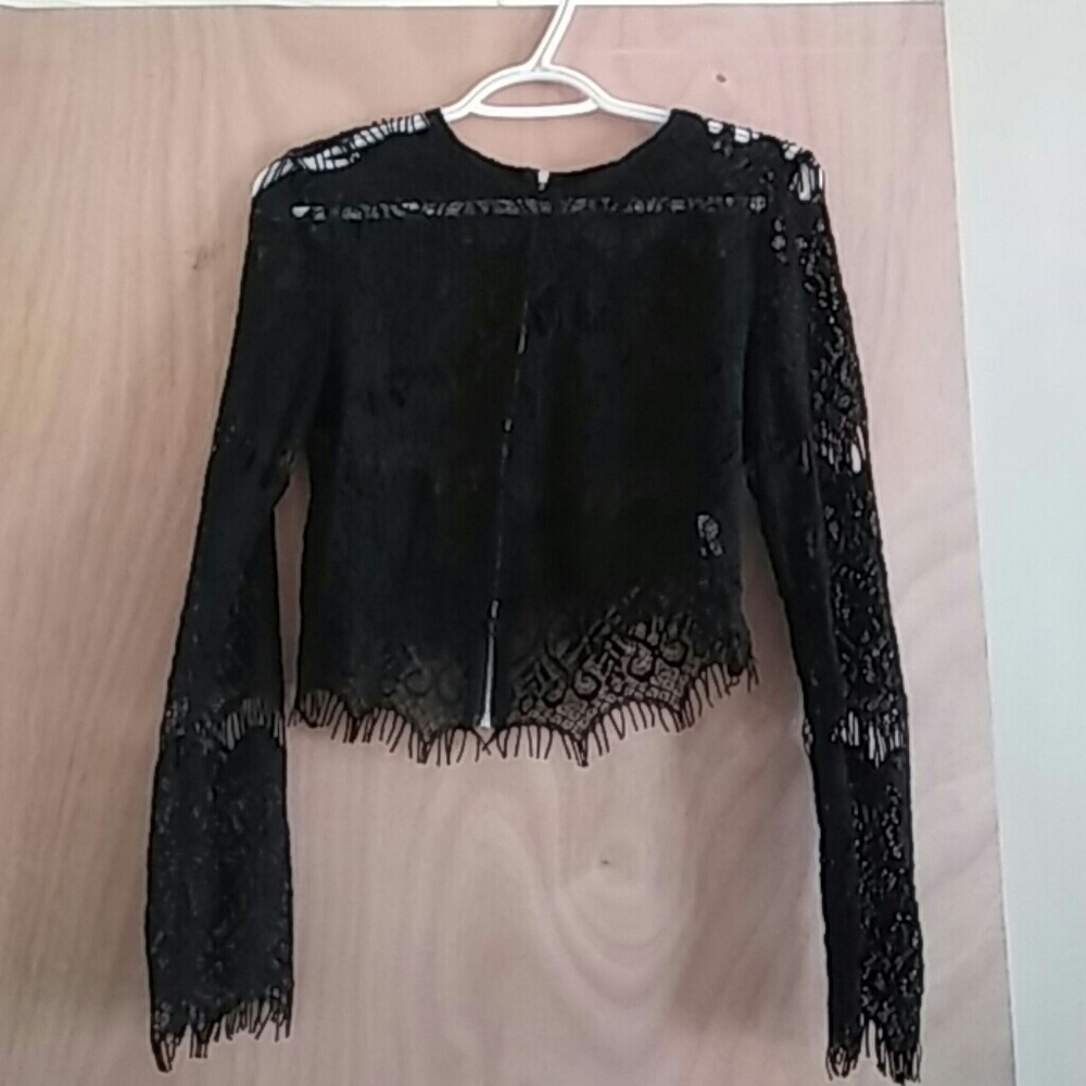 Black Sheer Lace Long Sleeve Crop Top