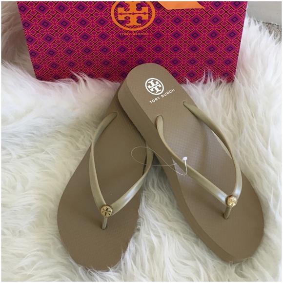 Tory Burch Shoes - Tory Burch Khaki Wedge Thin Flip Flops Size 10