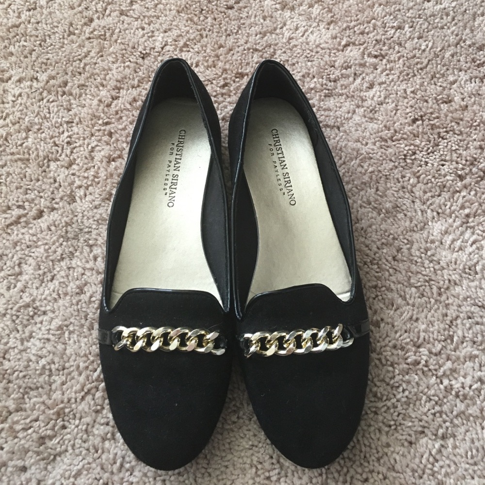 Christian Siriano black flats with gold chain